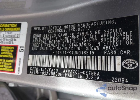 2018 Toyota Camry Le из США, поврежденный, VIN 4T1B11HK1JU018319